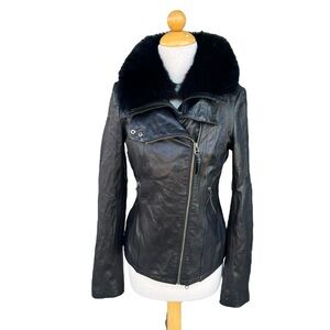 Mackage 2-in-1 Black Lambskin Leather Moto Jacket Wool Fox Fur Vest Small READ